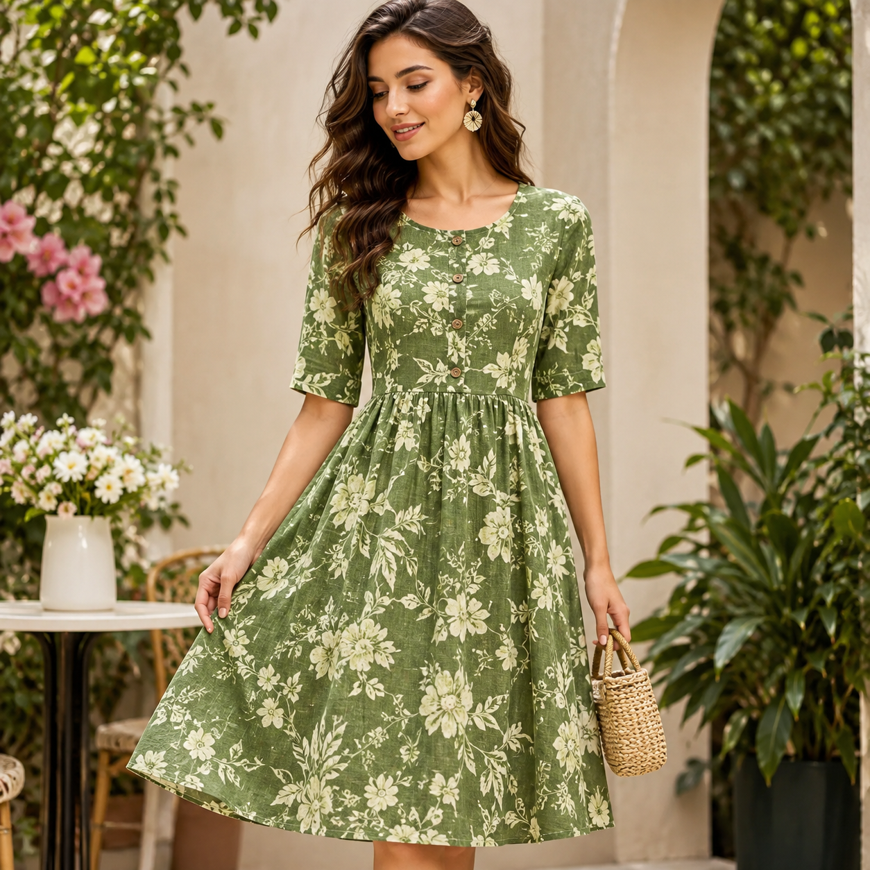 Elegant Floral Linen Dress
