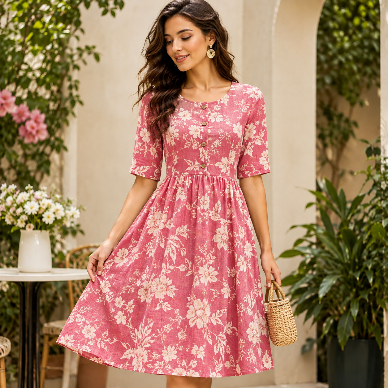 Elegant Floral Linen Dress