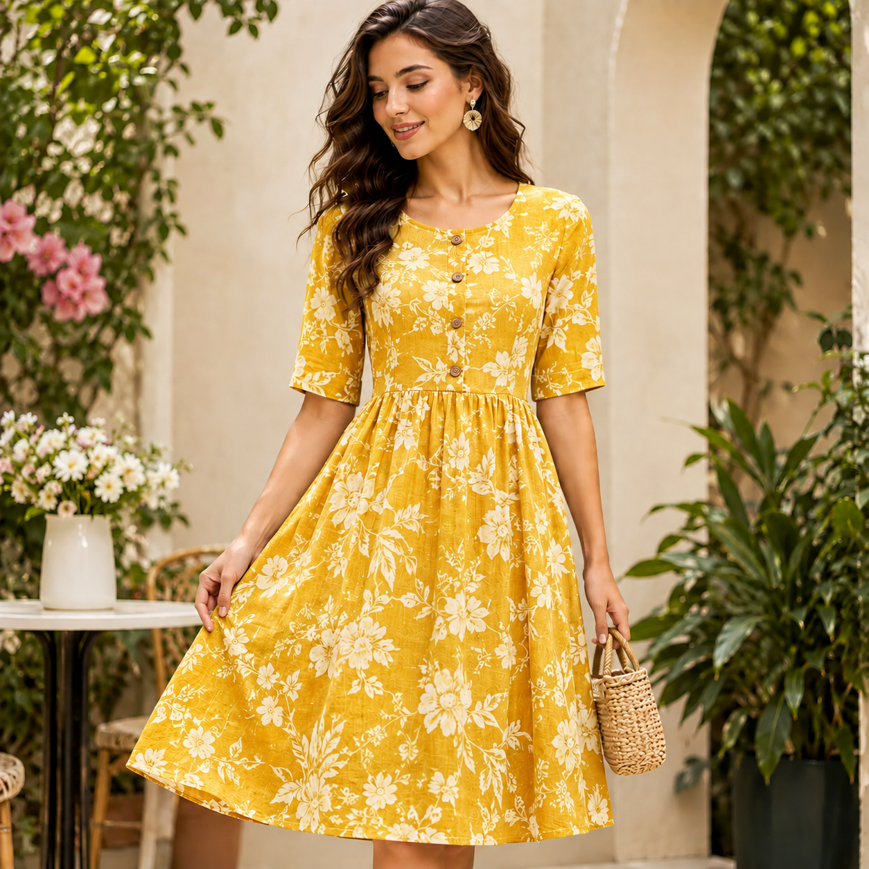 Elegant Floral Linen Dress